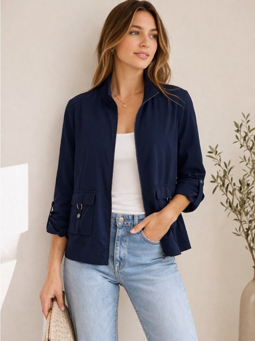 Karen Scott Navy Utility Jacket Zip Front Size XL Lightweight Casual Chic